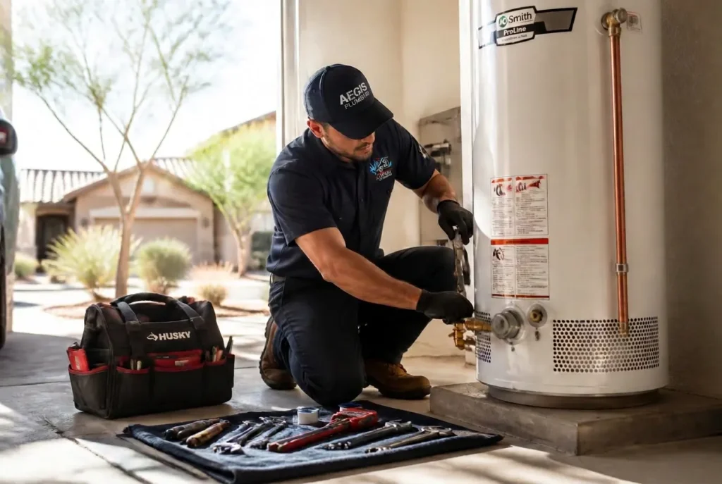 Aegis Plumbing technician servicing a Rheem water heater in Mesa, AZ, with tools and equipment nearby.